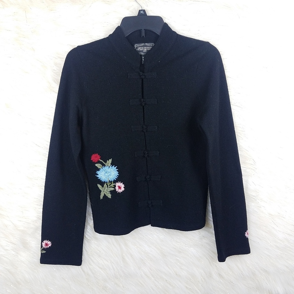 Lucky Brand Black Embroidered Floral Button Front Jacket